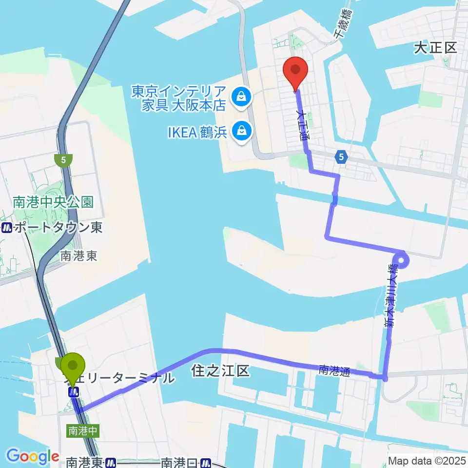 フェリーターミナル駅から西部ピアノ大阪へのルートマップ地図