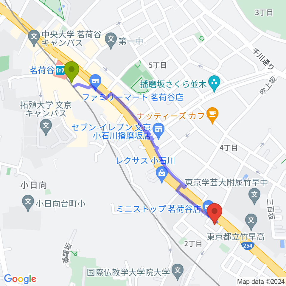 西部ピアノ東京の最寄駅茗荷谷駅からの徒歩ルート（約11分）地図