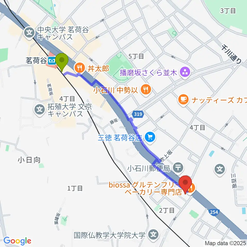 西部ピアノ東京の最寄駅茗荷谷駅からの徒歩ルート（約11分）地図