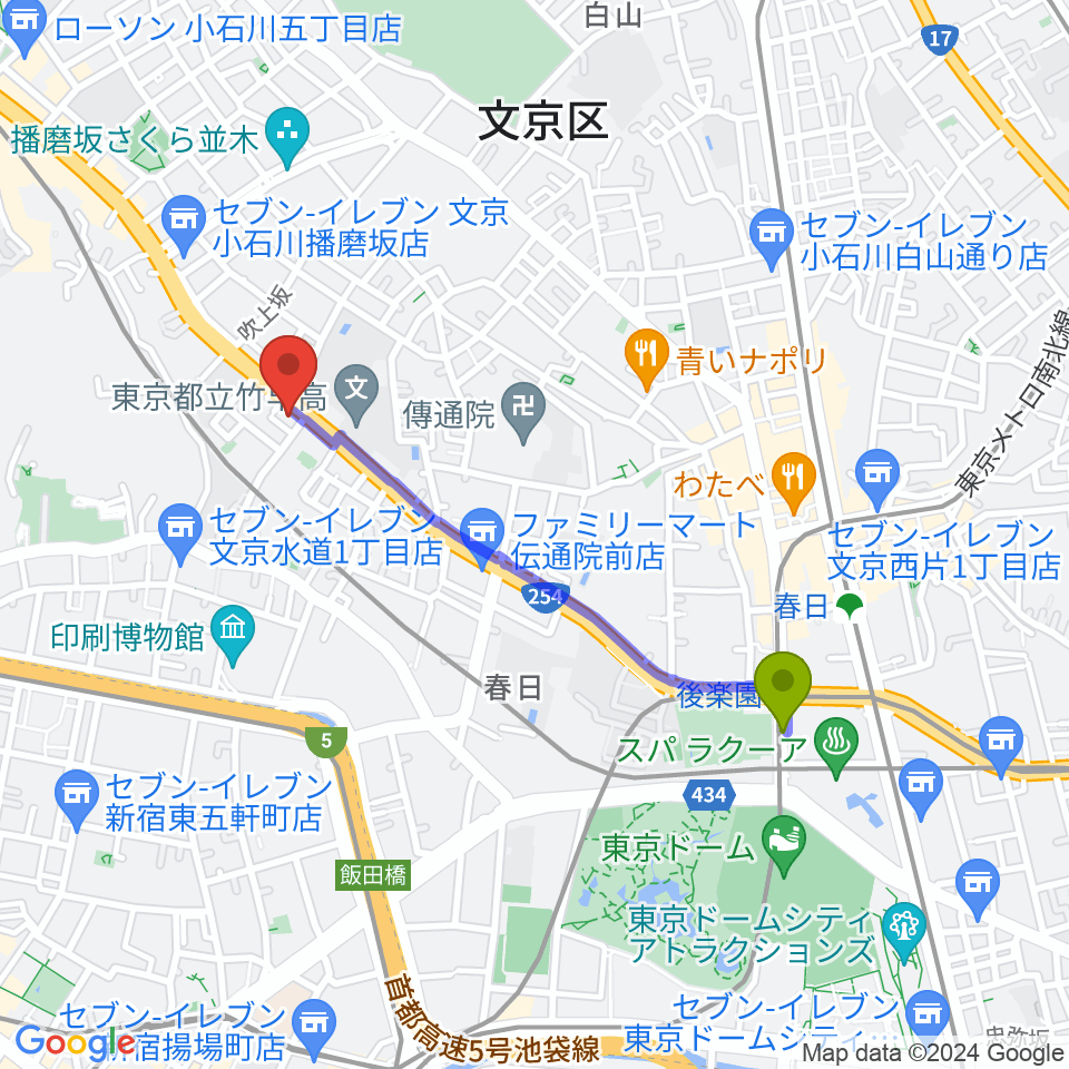 後楽園駅から西部ピアノ東京へのルートマップ地図