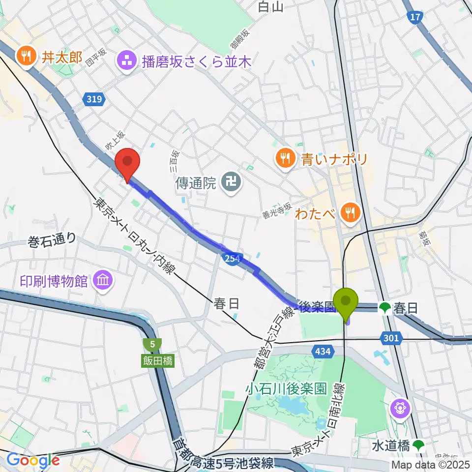 後楽園駅から西部ピアノ東京へのルートマップ地図