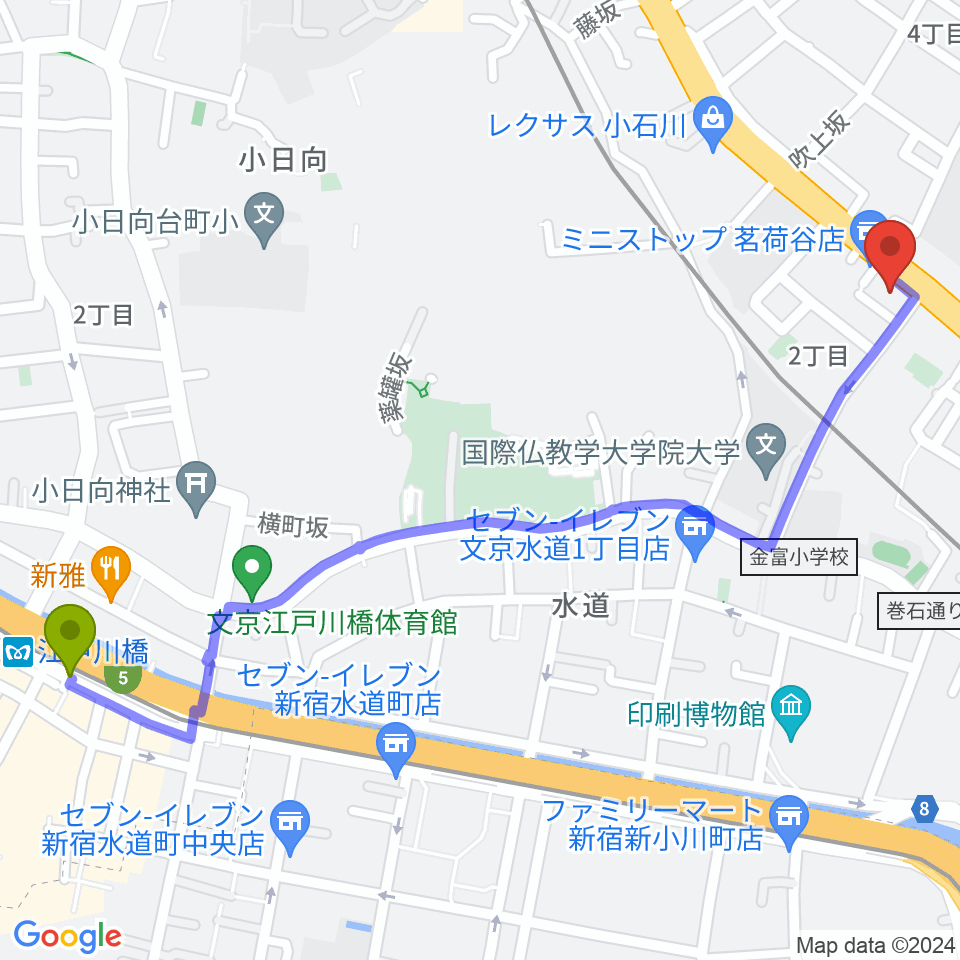 江戸川橋駅から西部ピアノ東京へのルートマップ地図
