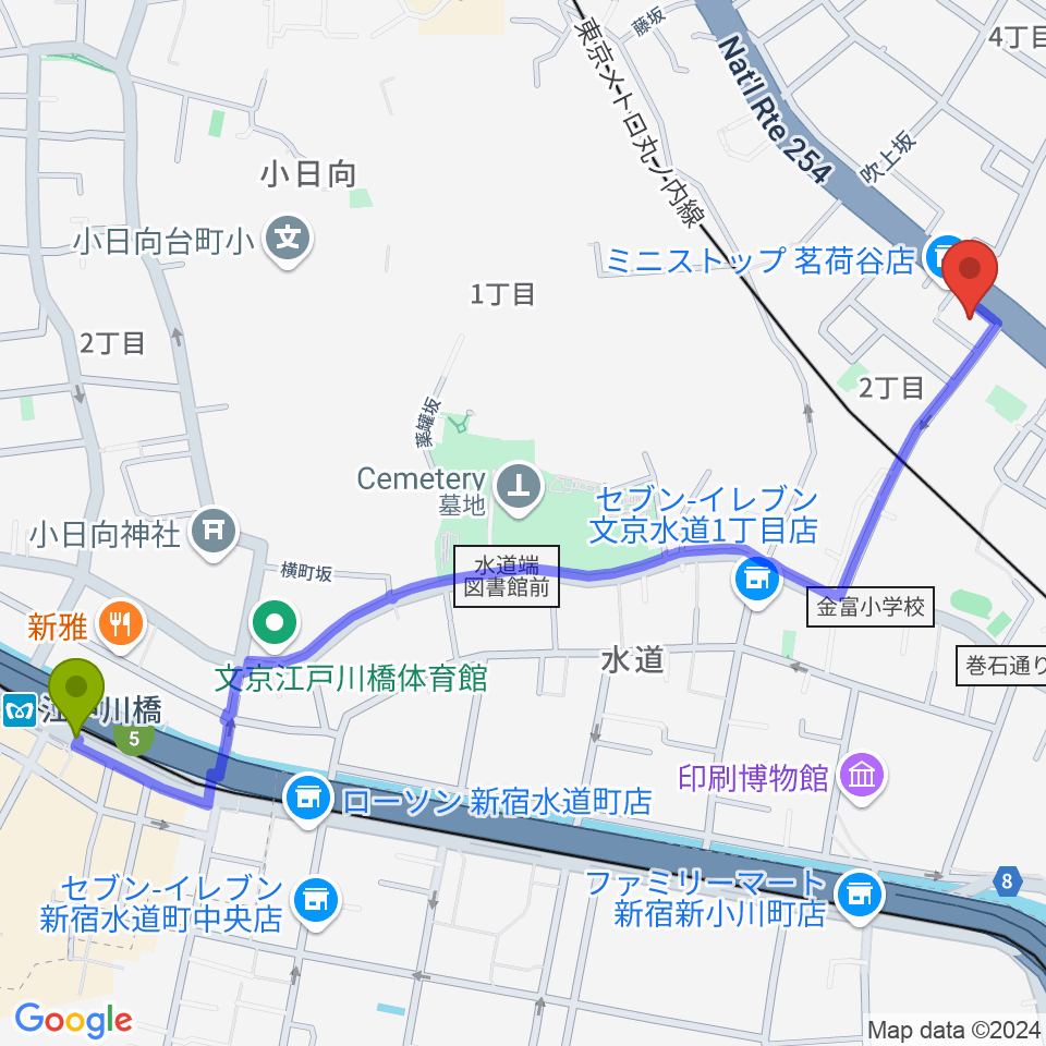 江戸川橋駅から西部ピアノ東京へのルートマップ地図