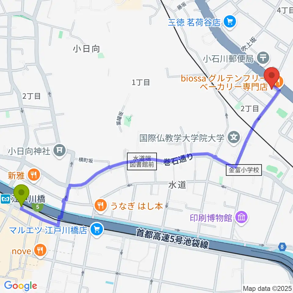 江戸川橋駅から西部ピアノ東京へのルートマップ地図