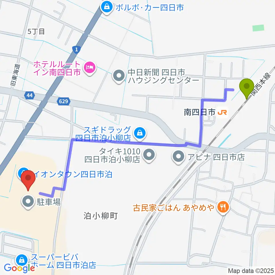 南四日市駅から島村楽器イオンタウン四日市泊店へのルートマップ地図