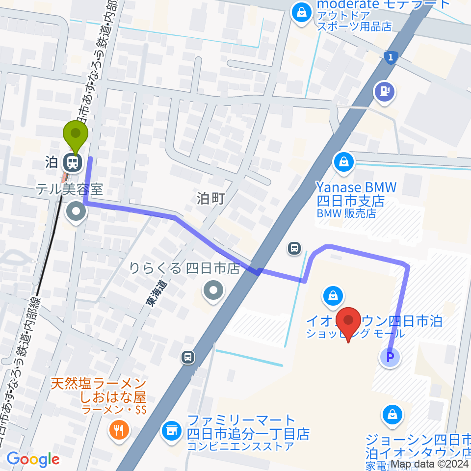 島村楽器イオンタウン四日市泊店の最寄駅泊駅からの徒歩ルート（約6分）地図