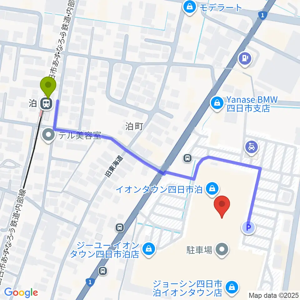 島村楽器イオンタウン四日市泊店の最寄駅泊駅からの徒歩ルート（約6分）地図