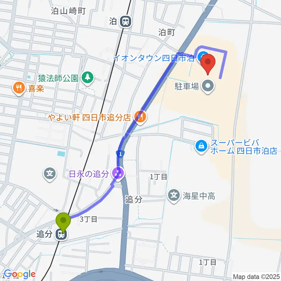 追分駅から島村楽器イオンタウン四日市泊店へのルートマップ地図