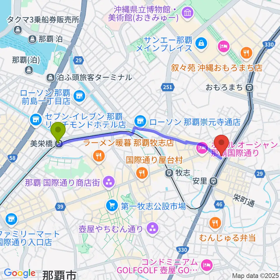 美栄橋駅から西部ピアノ 沖縄工房へのルートマップ地図
