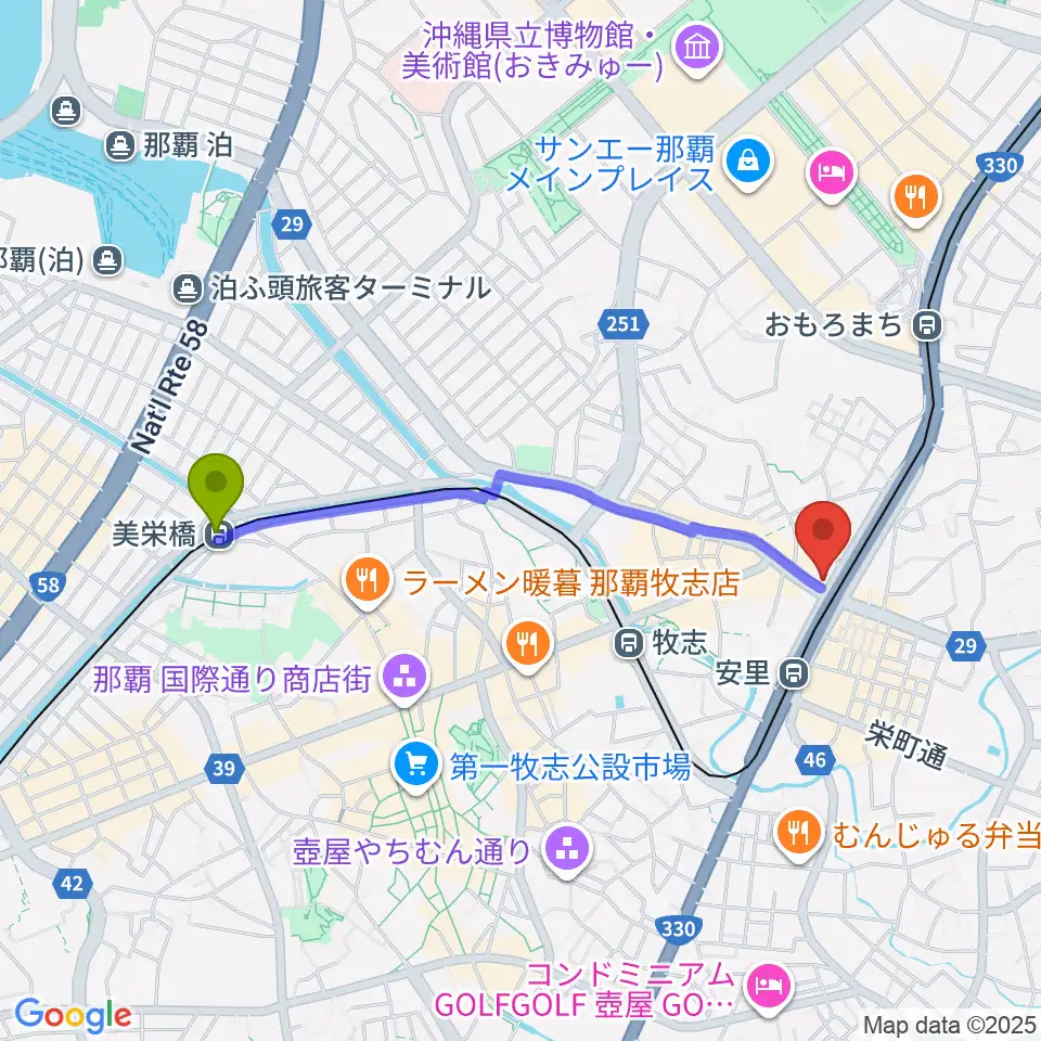美栄橋駅から西部ピアノ 沖縄工房へのルートマップ地図