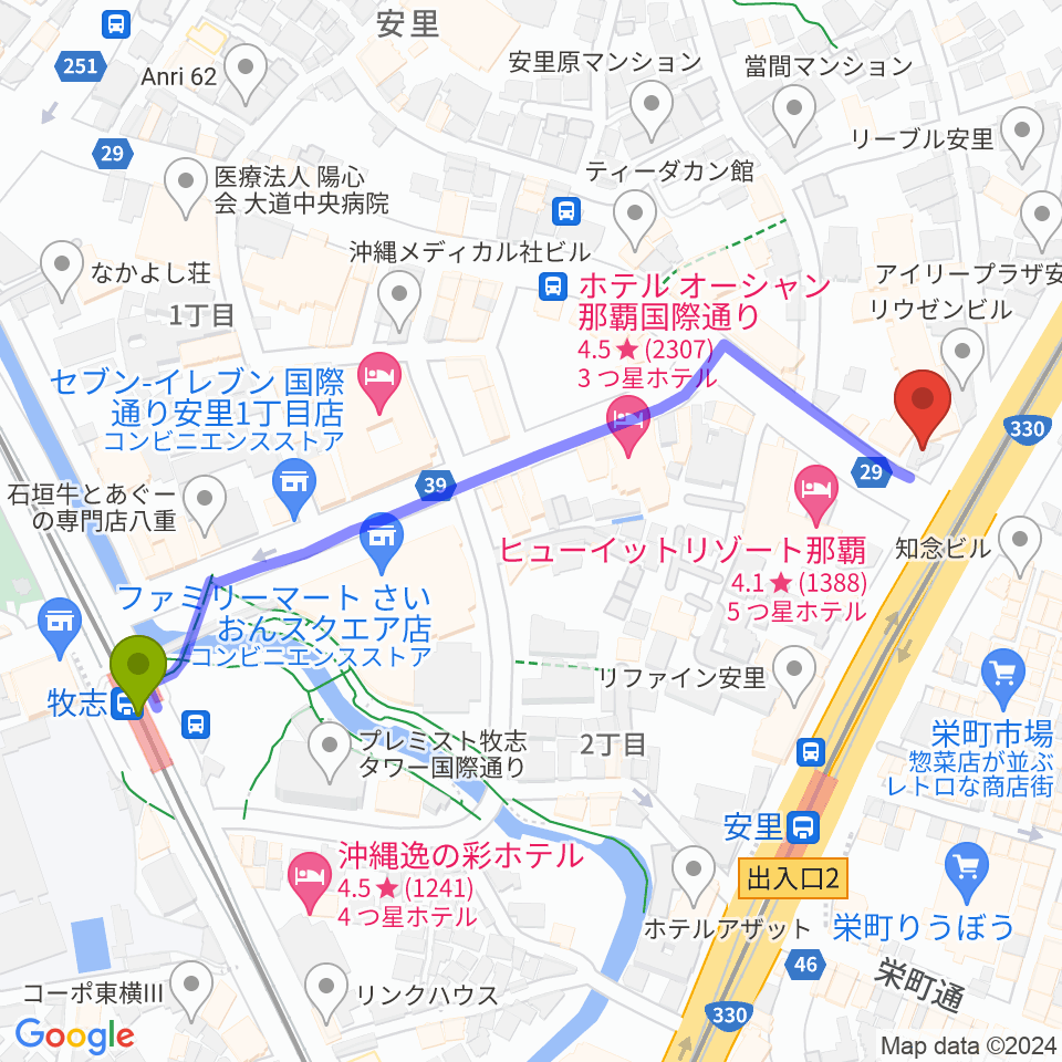 牧志駅から西部ピアノ 沖縄工房へのルートマップ地図
