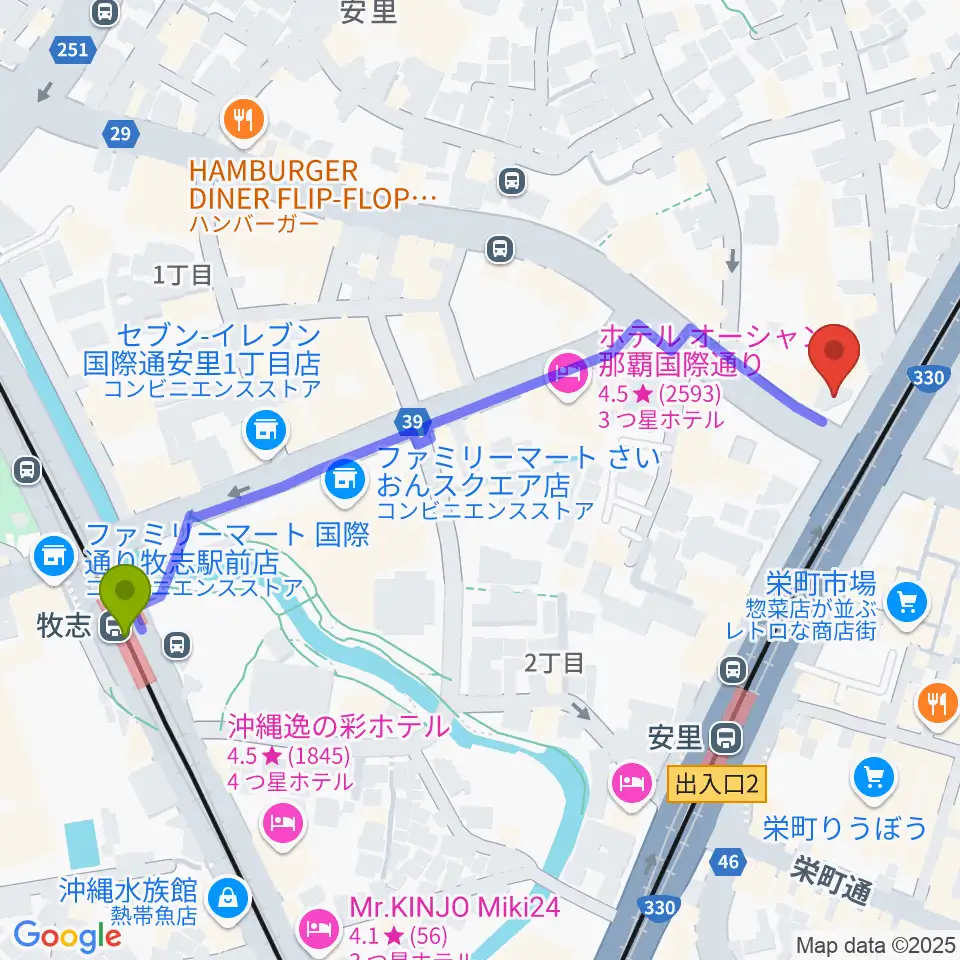 牧志駅から西部ピアノ 沖縄工房へのルートマップ地図