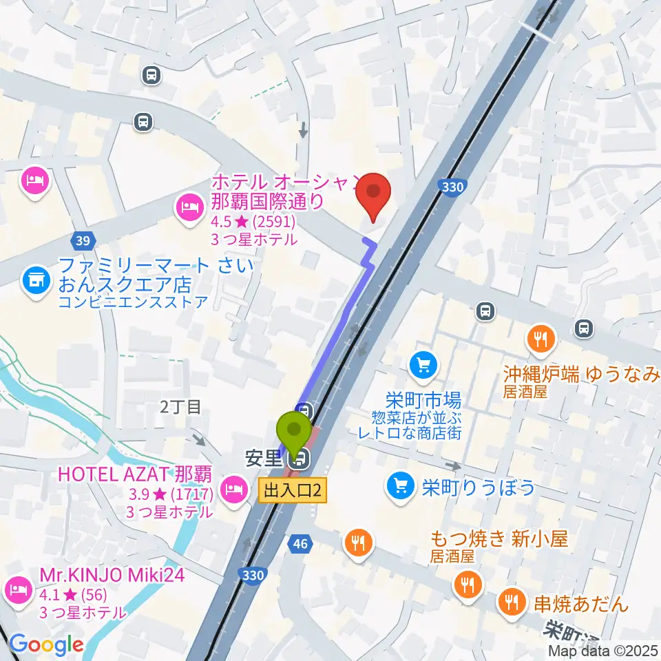 西部ピアノ 沖縄工房の最寄駅安里駅からの徒歩ルート（約3分）地図