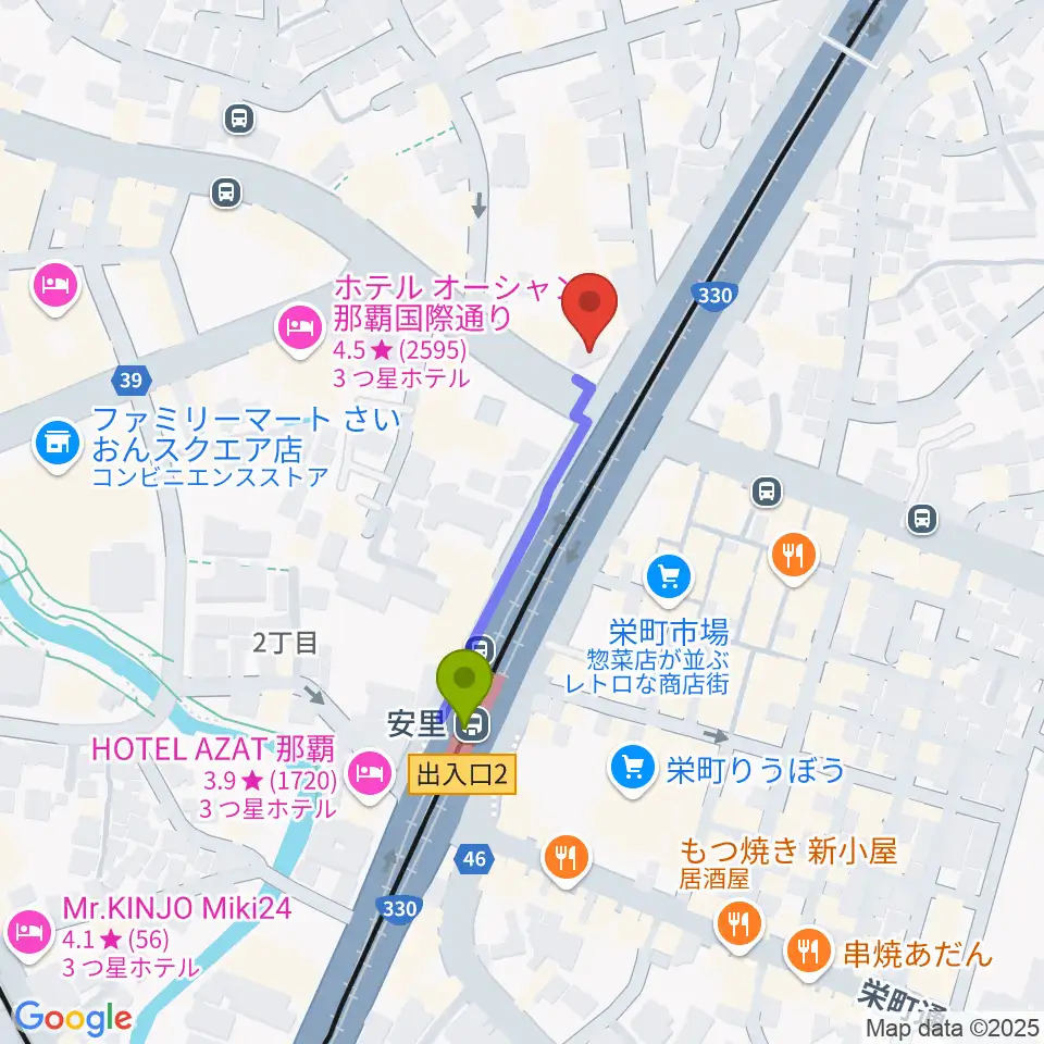 西部ピアノ 沖縄工房の最寄駅安里駅からの徒歩ルート（約3分）地図