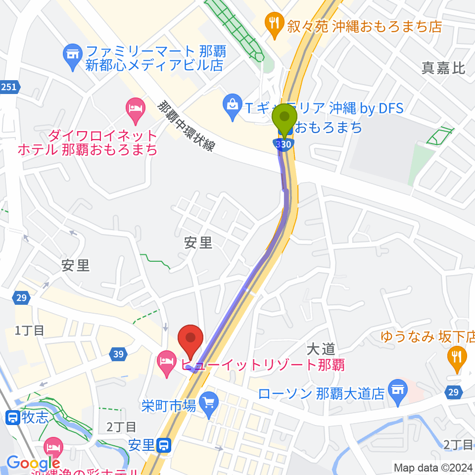 おもろまち駅から西部ピアノ 沖縄工房へのルートマップ地図