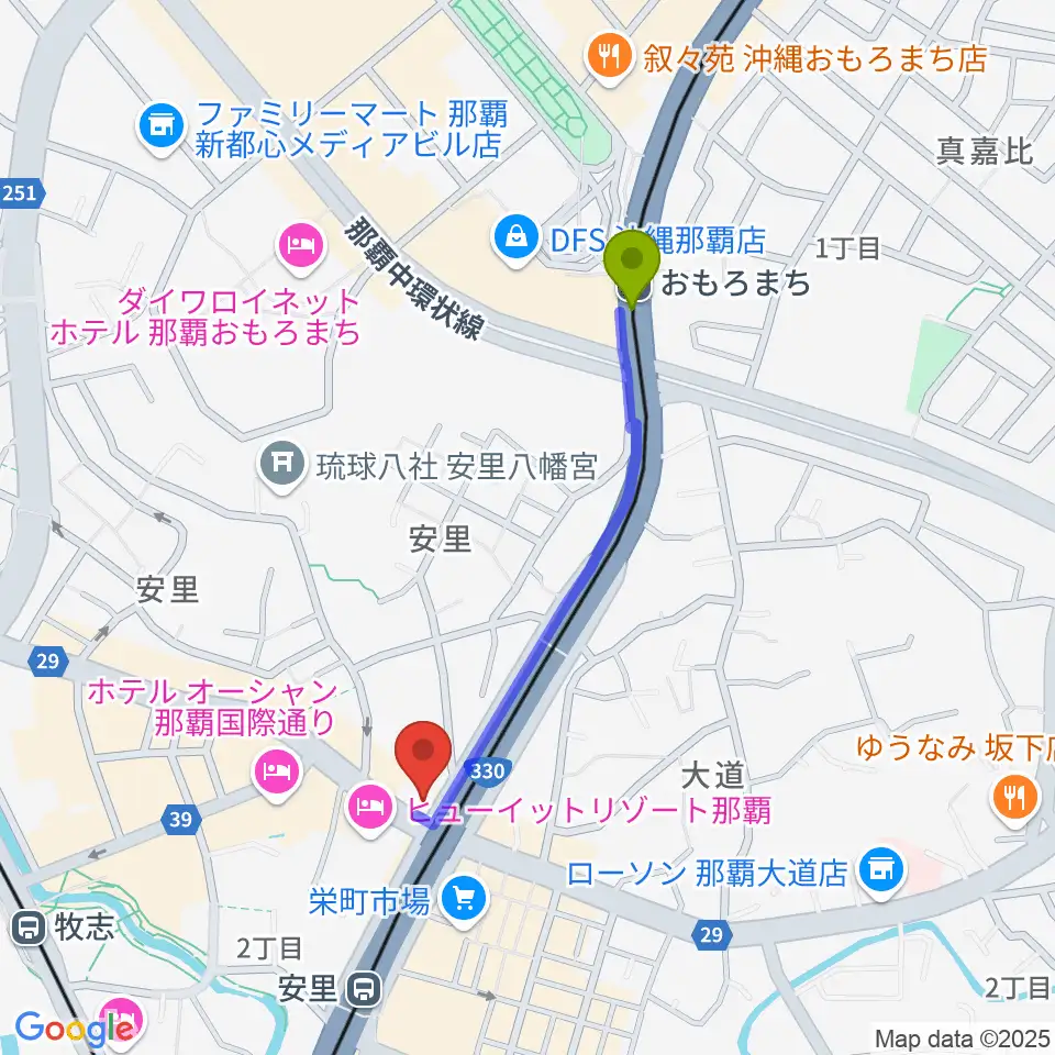おもろまち駅から西部ピアノ 沖縄工房へのルートマップ地図