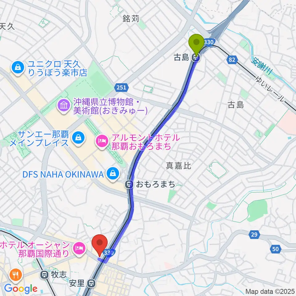 古島駅から西部ピアノ 沖縄工房へのルートマップ地図