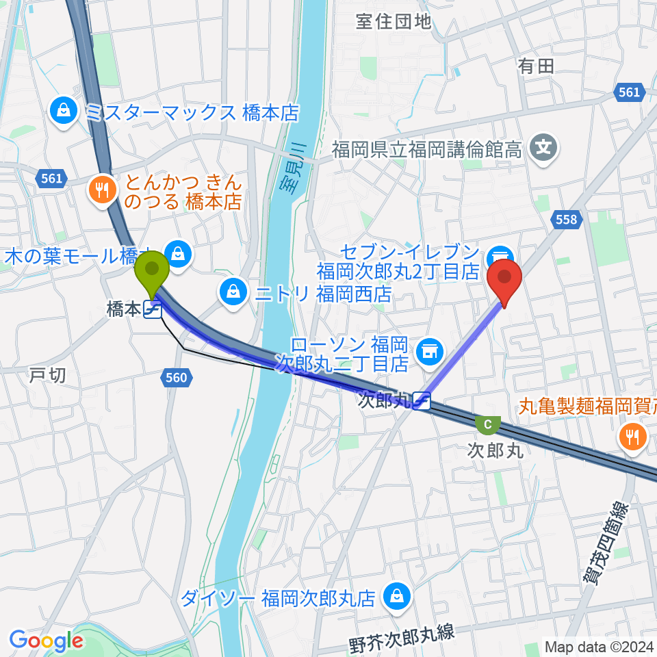 橋本駅から西部ピアノ福岡工房へのルートマップ地図