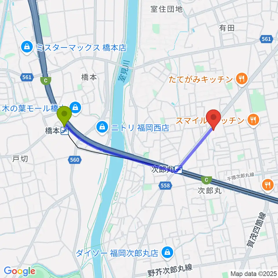 橋本駅から西部ピアノ福岡工房へのルートマップ地図