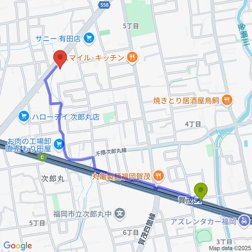 賀茂駅から西部ピアノ福岡工房へのルートマップ地図