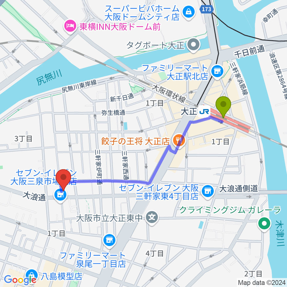 西部ピアノ音楽教室の最寄駅大正駅からの徒歩ルート（約10分）地図