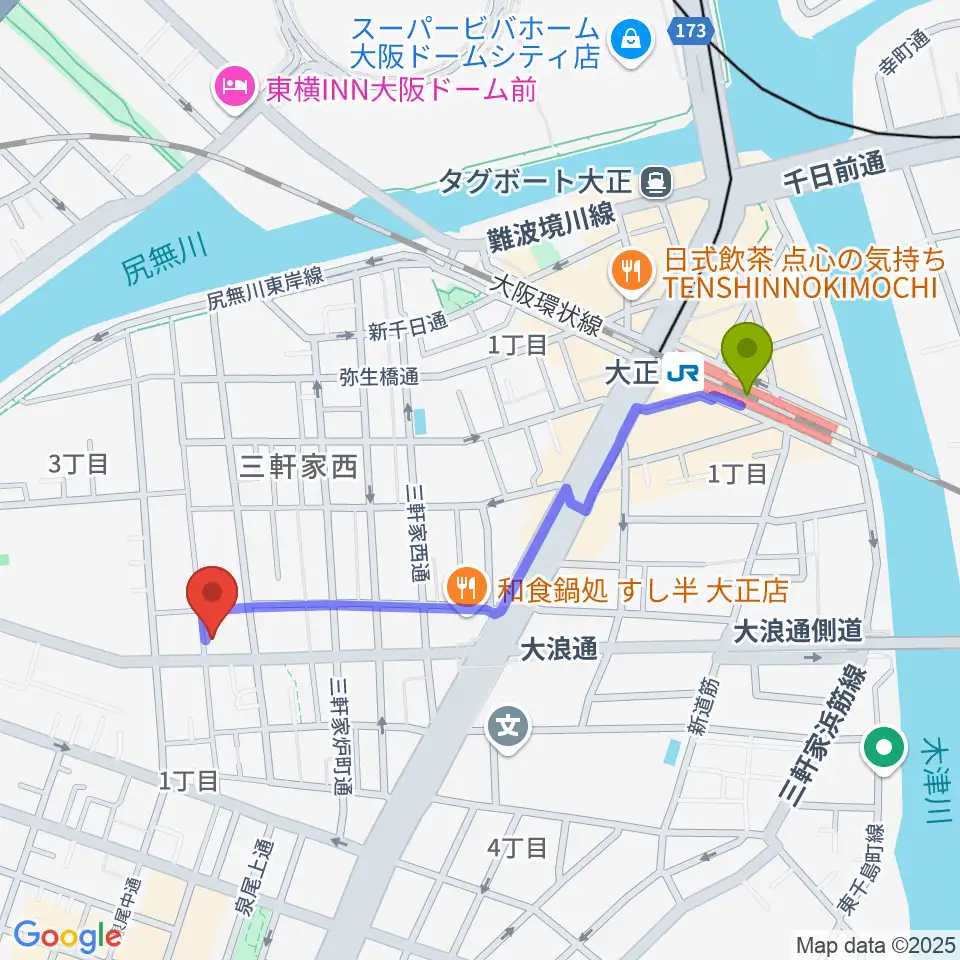 西部ピアノ音楽教室の最寄駅大正駅からの徒歩ルート（約10分）地図
