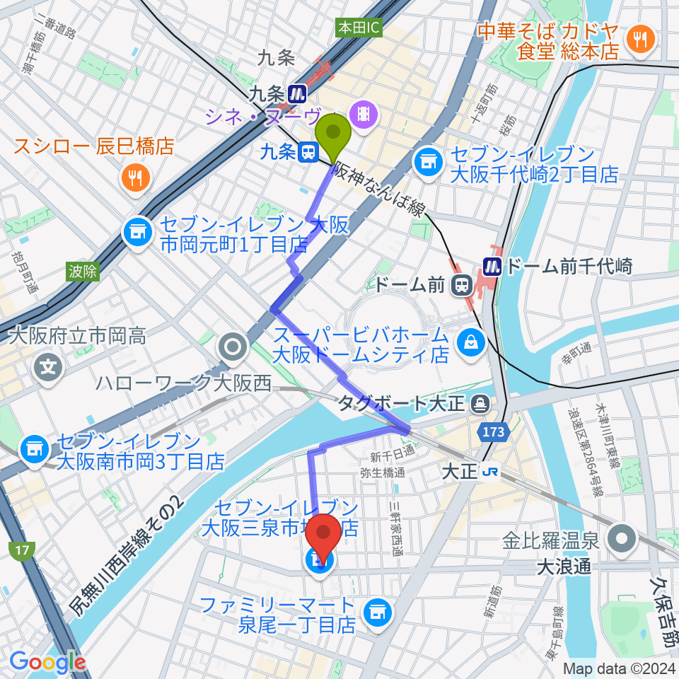 九条駅から西部ピアノ音楽教室へのルートマップ地図