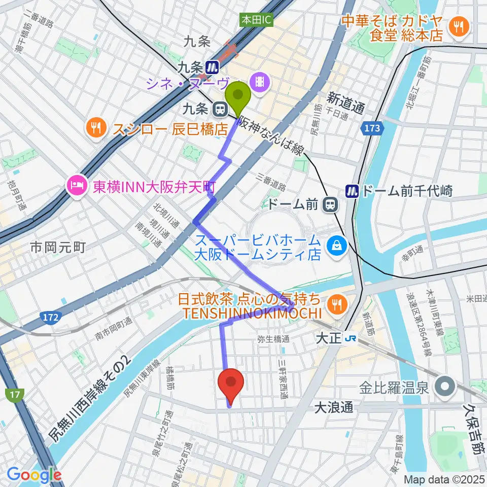 九条駅から西部ピアノ音楽教室へのルートマップ地図
