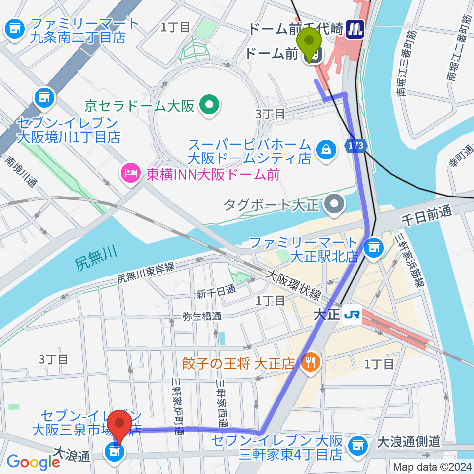 ドーム前駅から西部ピアノ音楽教室へのルートマップ地図