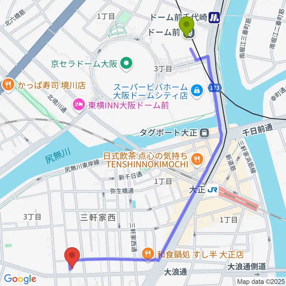 ドーム前駅から西部ピアノ音楽教室へのルートマップ地図