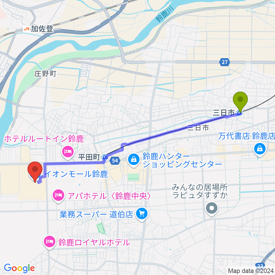 三日市駅から島村楽器 イオンモール鈴鹿店へのルートマップ地図