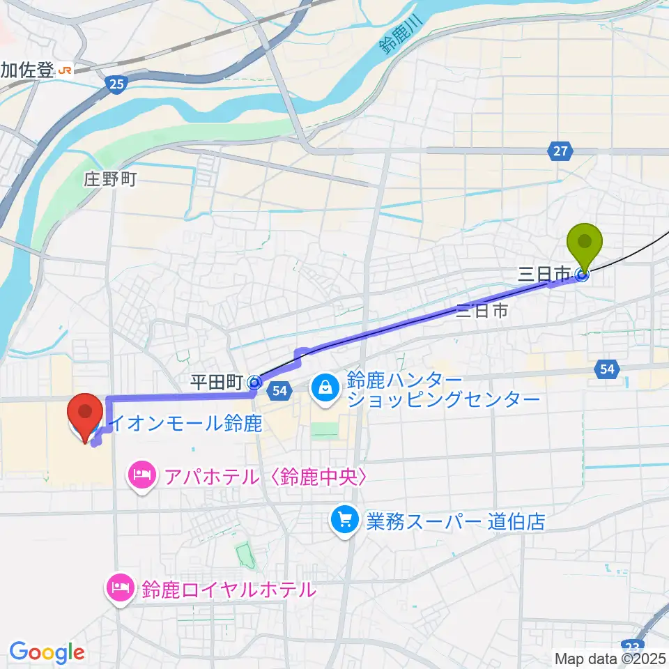三日市駅から島村楽器 イオンモール鈴鹿店へのルートマップ地図