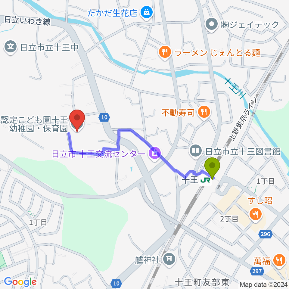 十王幼稚園 ヤマハ音楽教室の最寄駅十王駅からの徒歩ルート（約8分）地図