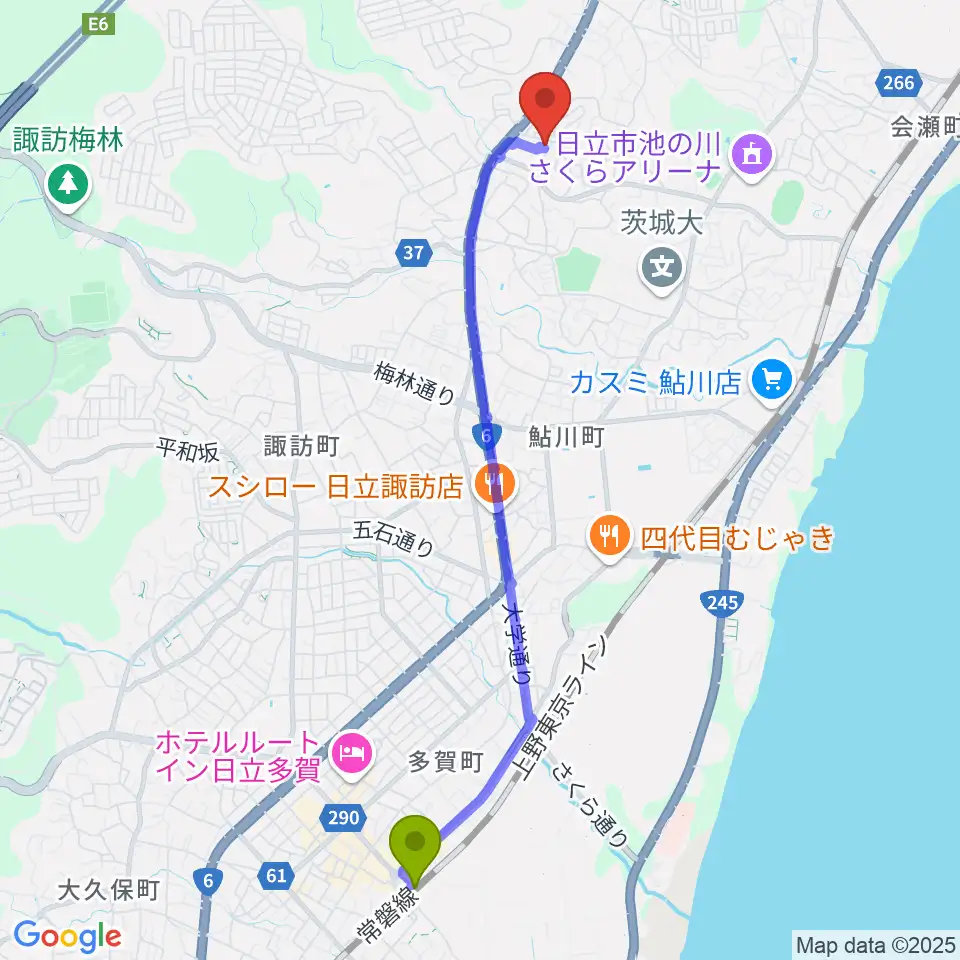 常陸多賀駅から成沢プレーゴセンター ヤマハ音楽教室へのルートマップ地図