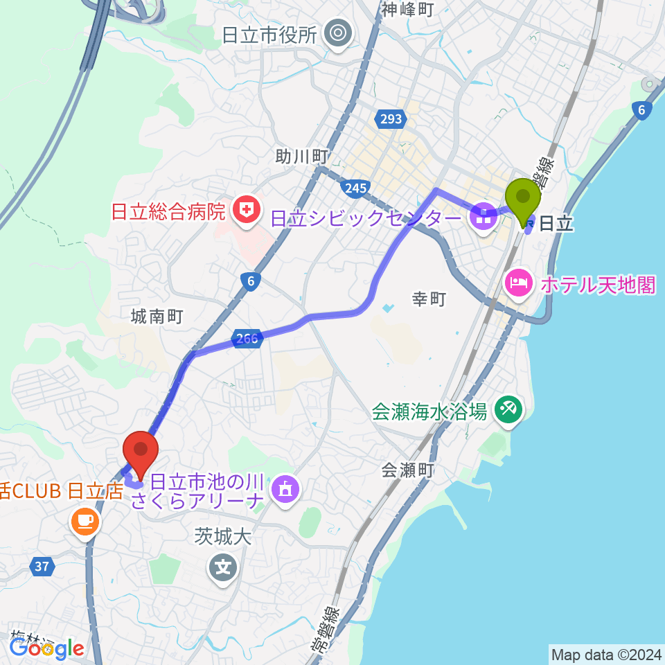 成沢プレーゴセンター ヤマハ音楽教室の最寄駅日立駅からの徒歩ルート（約42分）地図