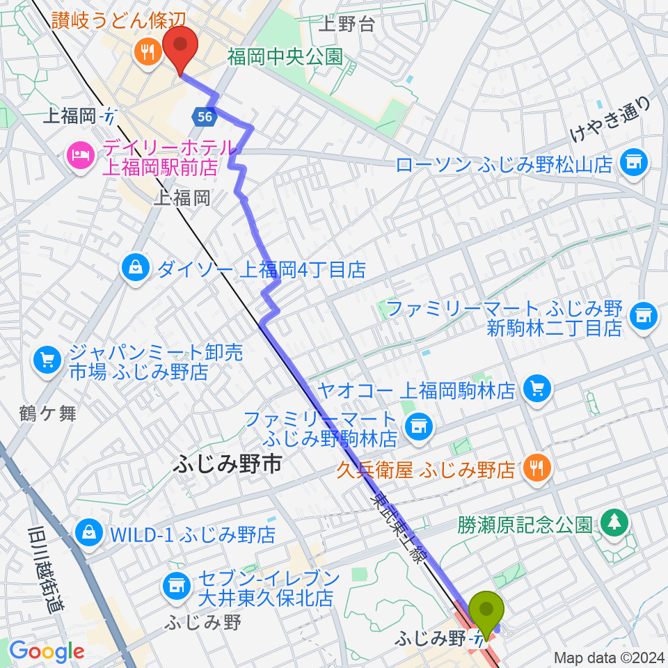 ふじみ野駅からスカイワードミュージックスクールへのルートマップ地図