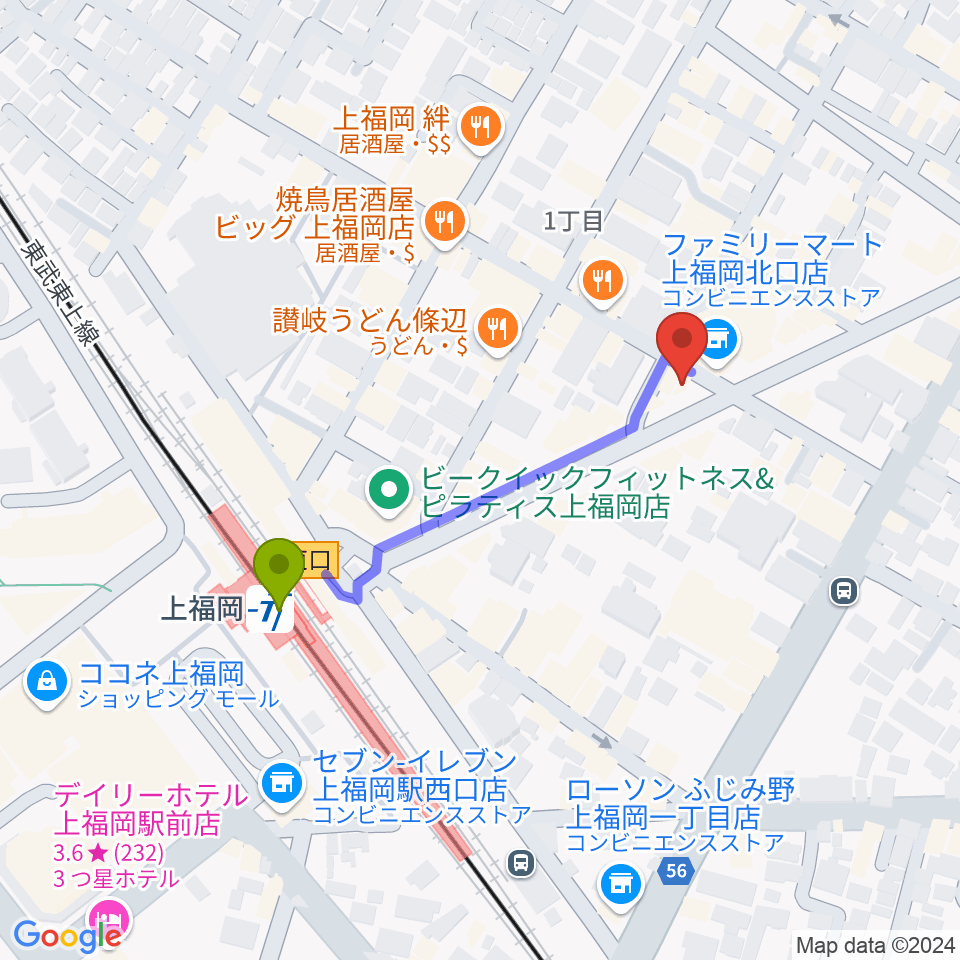 スカイワードミュージックスクールの最寄駅上福岡駅からの徒歩ルート（約4分）地図