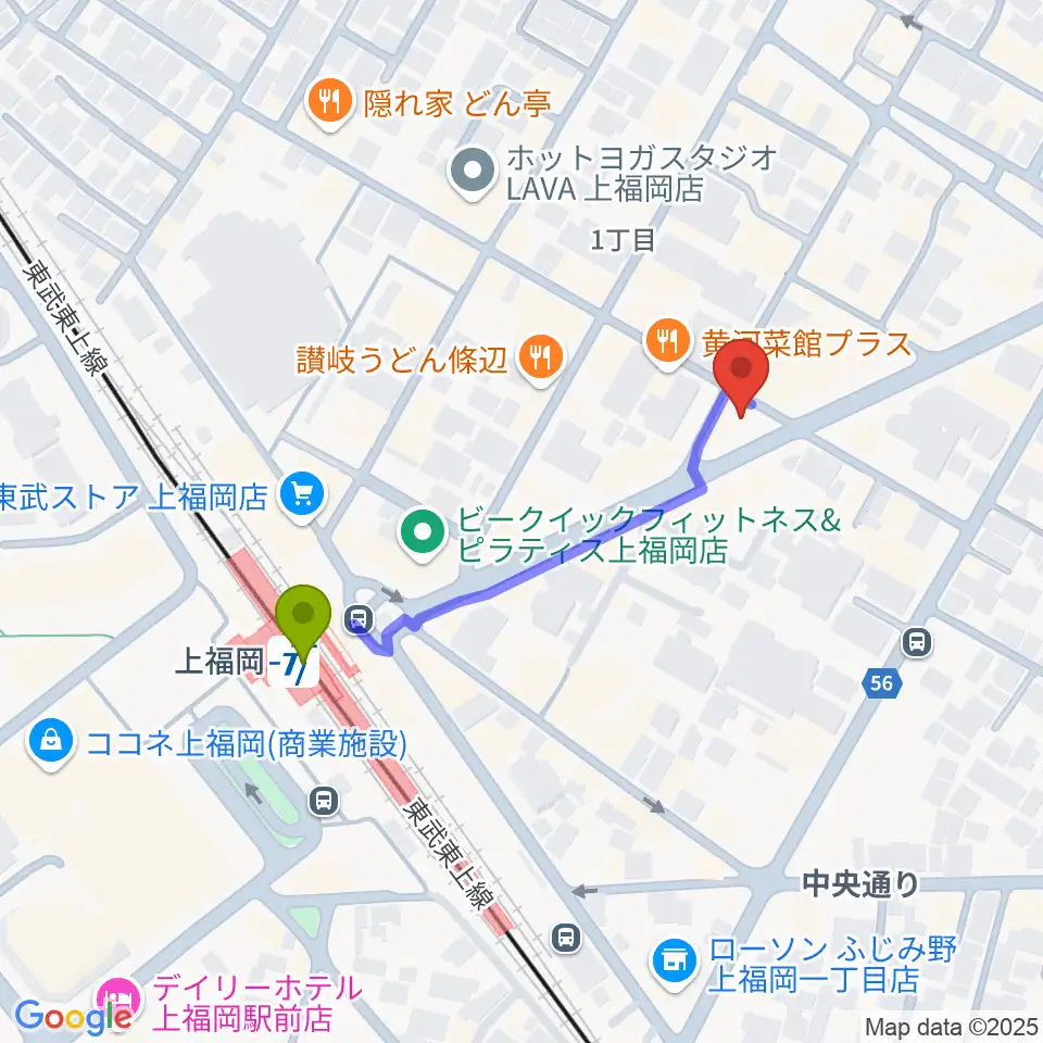 スカイワードミュージックスクールの最寄駅上福岡駅からの徒歩ルート（約4分）地図