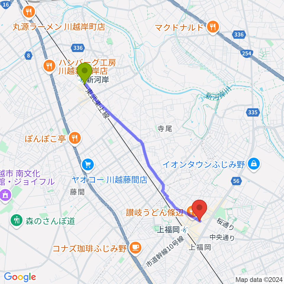 新河岸駅からスカイワードミュージックスクールへのルートマップ地図