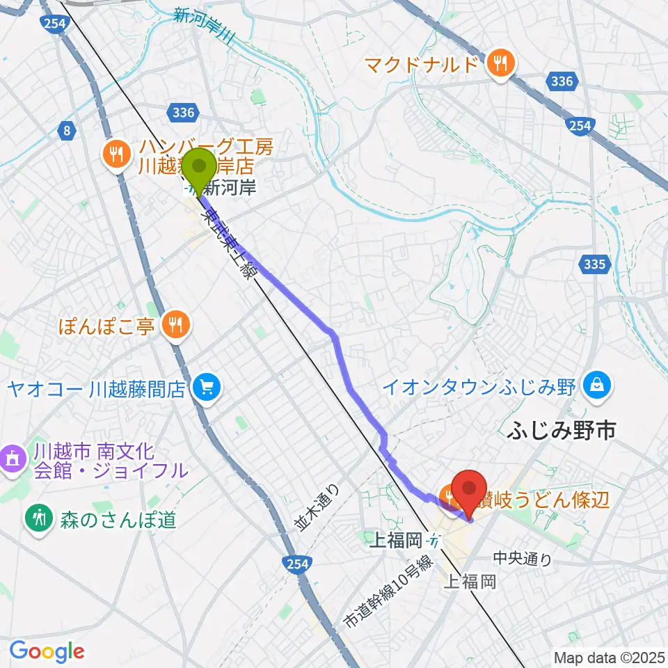 新河岸駅からスカイワードミュージックスクールへのルートマップ地図