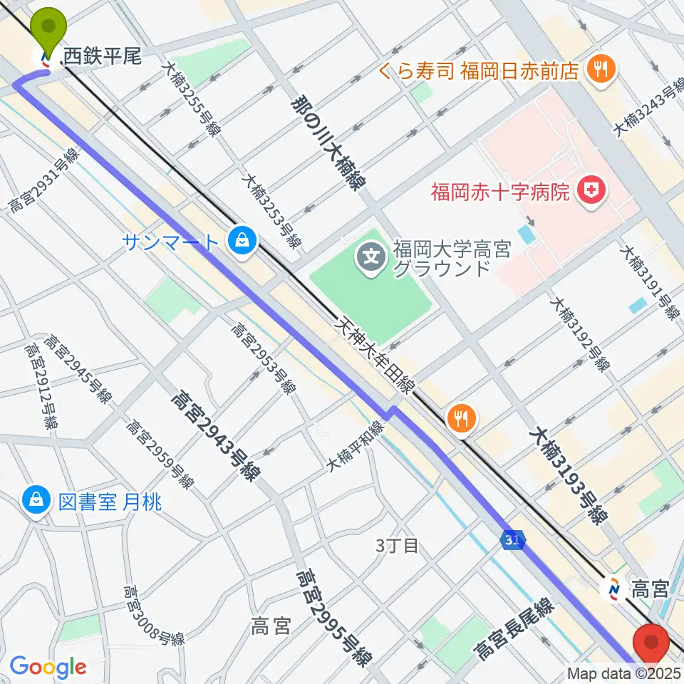 西鉄平尾駅から音楽教室ララムジカへのルートマップ地図