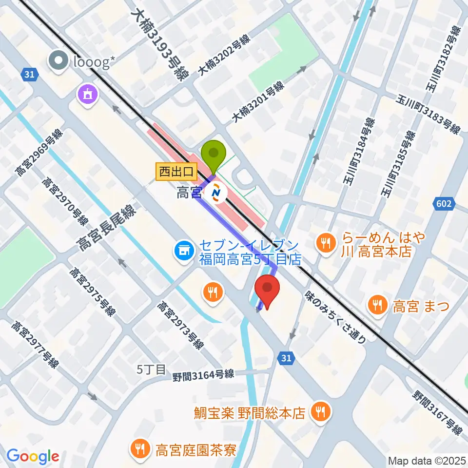 音楽教室ララムジカの最寄駅高宮駅からの徒歩ルート（約2分）地図