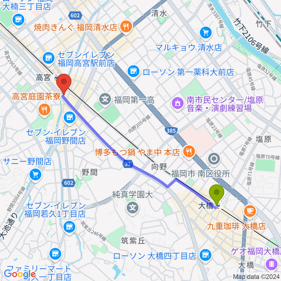 大橋駅から音楽教室lalamusica（ララムジカ）へのルートマップ地図