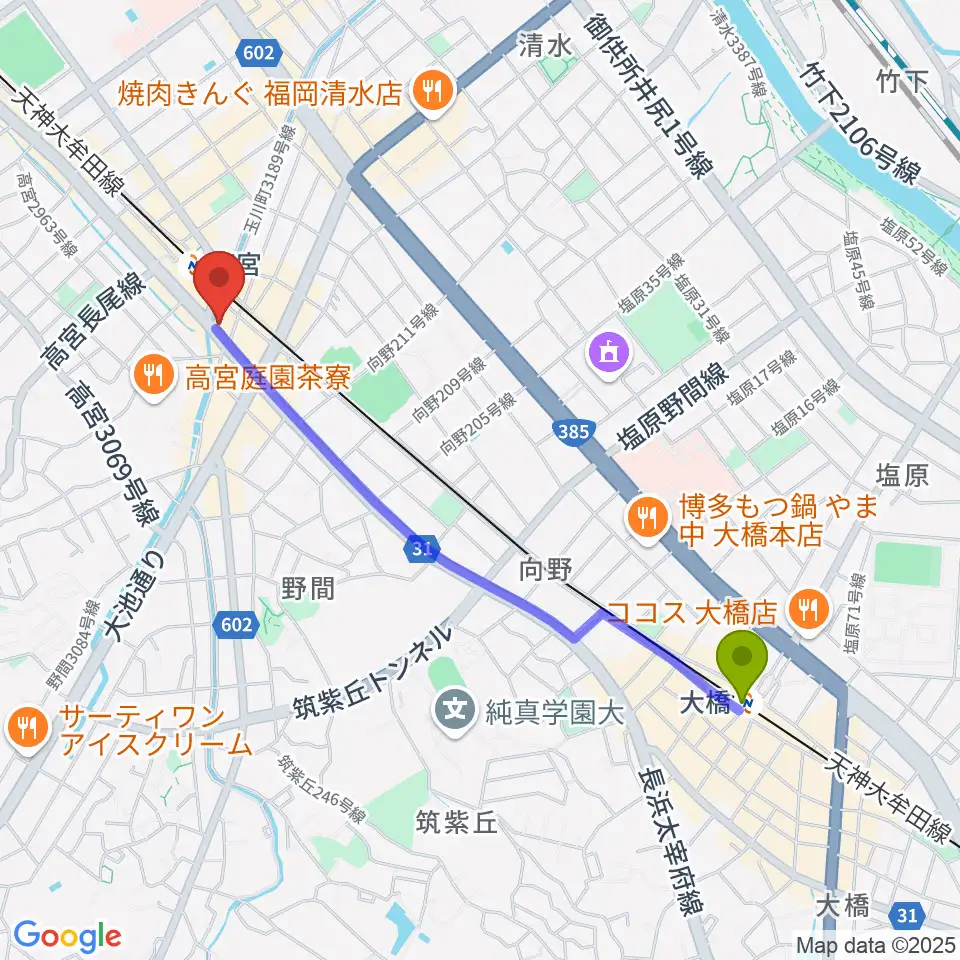 大橋駅から音楽教室ララムジカへのルートマップ地図