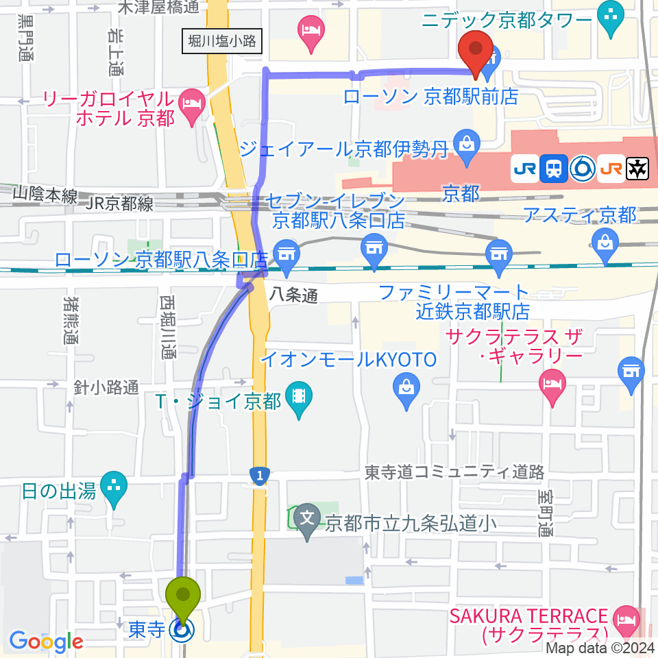 東寺駅からJEUGIAハーモニーステーション京都駅前へのルートマップ地図