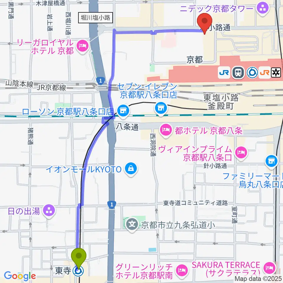 東寺駅からJEUGIAハーモニーステーション京都駅前へのルートマップ地図