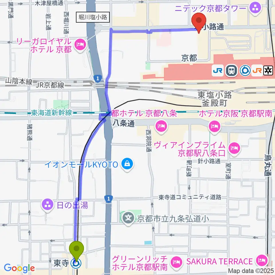東寺駅からJEUGIAハーモニーステーション京都駅前へのルートマップ地図
