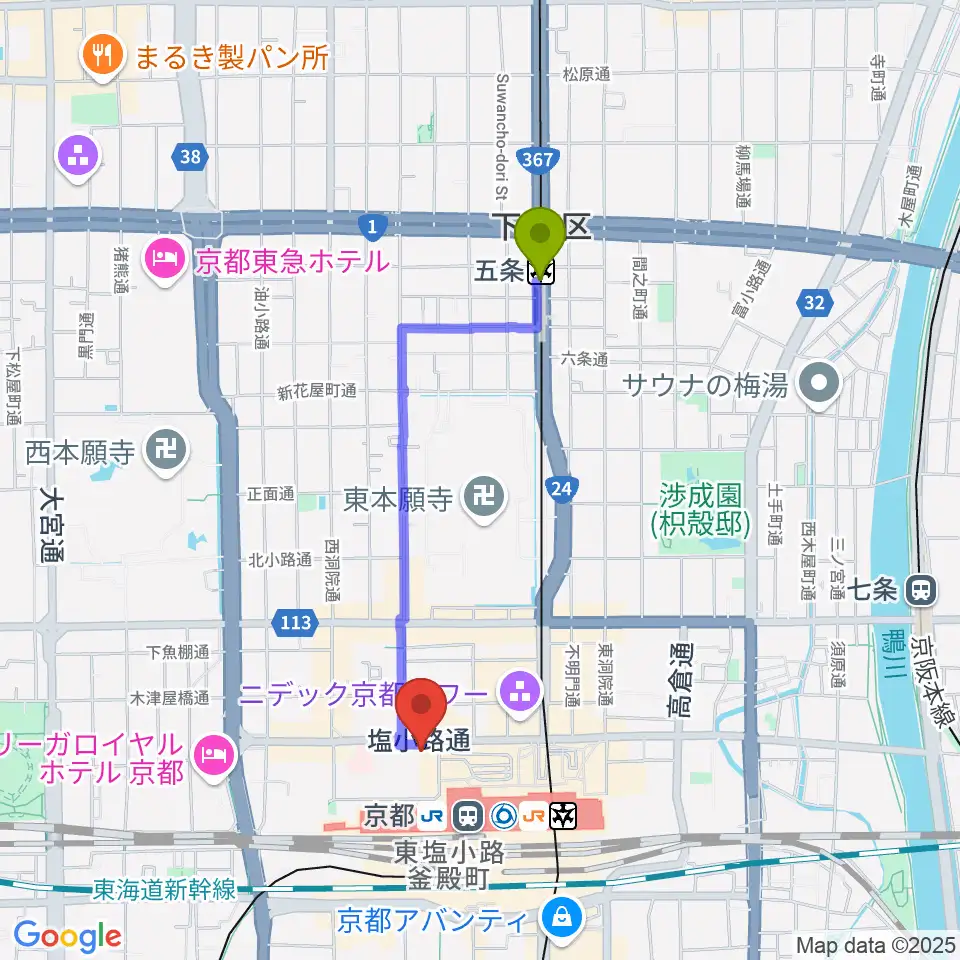 五条駅からJEUGIAハーモニーステーション京都駅前へのルートマップ地図