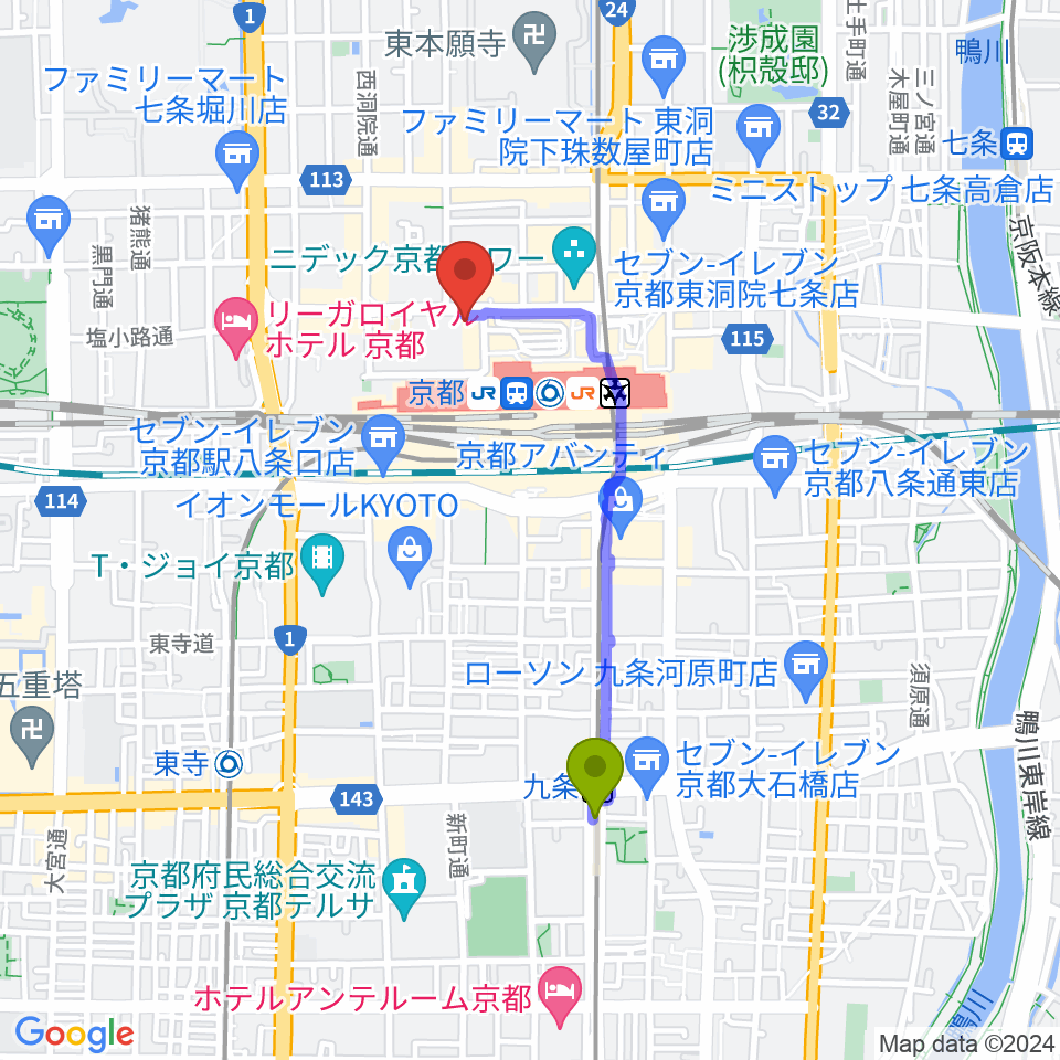 九条駅からJEUGIAハーモニーステーション京都駅前へのルートマップ地図