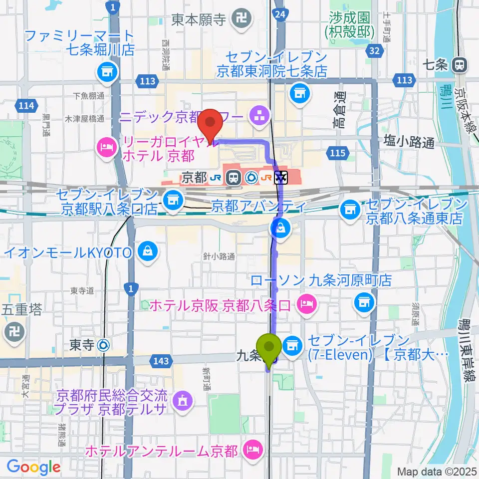 九条駅からJEUGIAハーモニーステーション京都駅前へのルートマップ地図